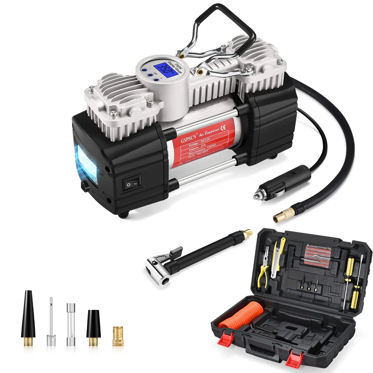 GSPSCN Compresseur d'Air Portatif Heavy Duty Gonfleur Pneus Voiture numérique à double cylindre 12V portable Gonflage Digital Pompe à pneu avec kit de réparation de pneu pour auto, SUV, tout-terrain