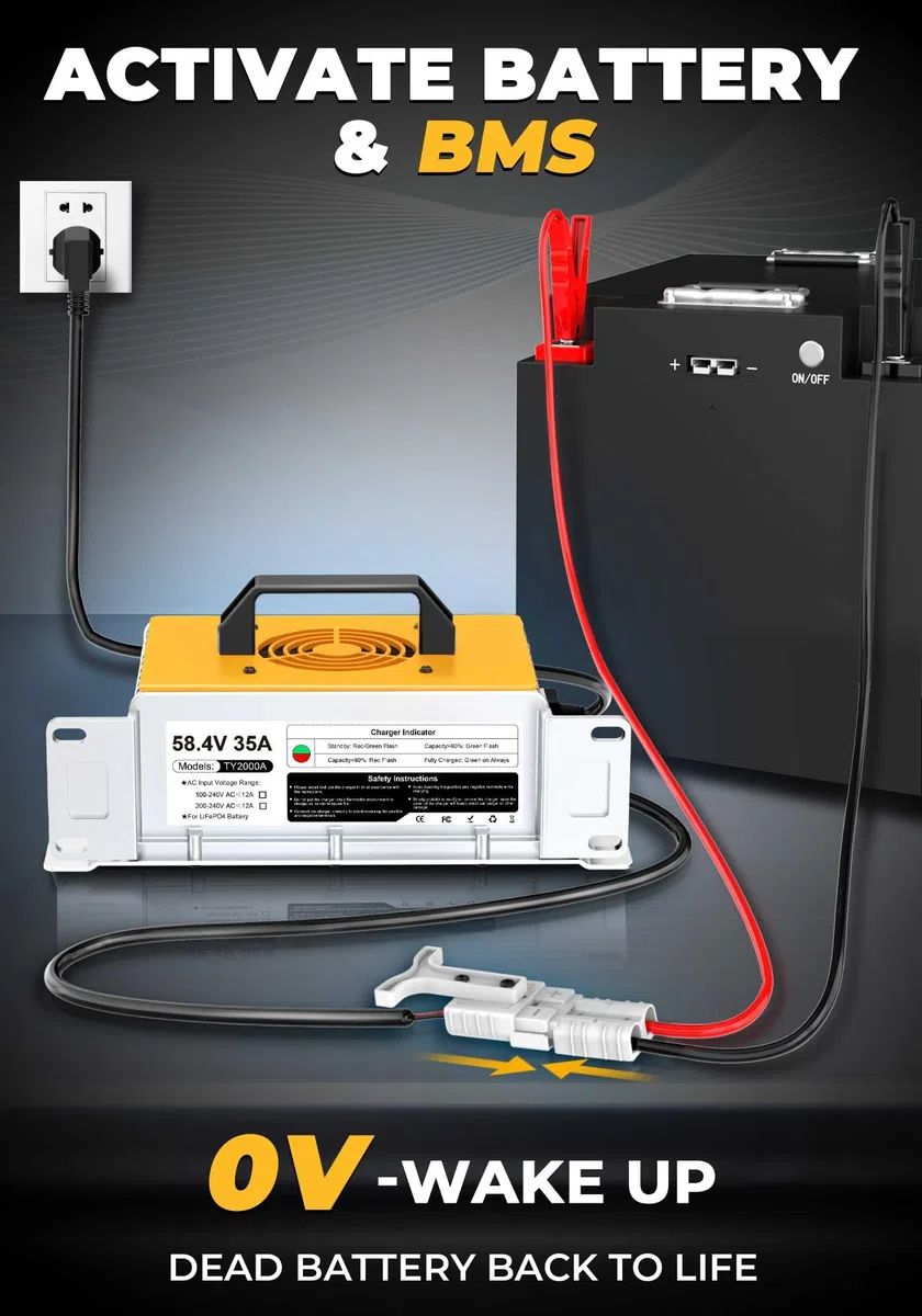 Chargeur de batterie au lithium LiFePO4 - 58,4 V - 35 A - Pour 48 V (51,2 V) - Phosphate de fer - Chargeur pour batterie lithium-ion - Étanche IP67 - Pour camping-car, bateau, solaire, chariot de golf