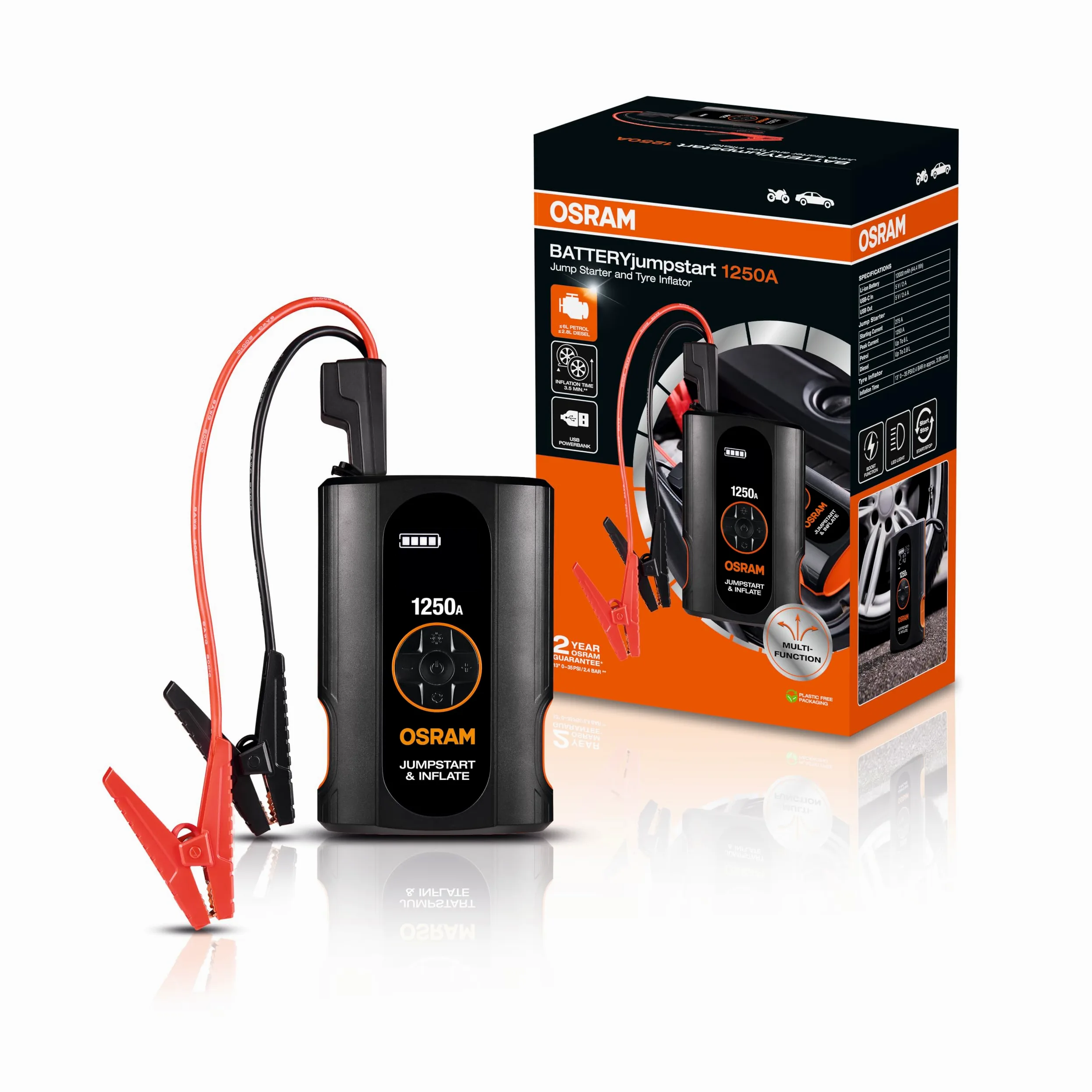 OSRAM BATTERYjumpstart 1250A, démarreur de batterie au lithium 12V, 1250A avec batterie externe et port USB, pour moteurs essence jusqu'à 6L et moteurs diesel jusqu'à 2,8L.