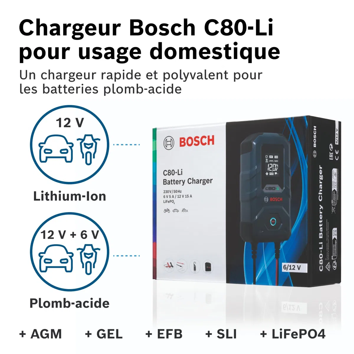 Chargeur de batterie Bosch C80-Li - 15 ampères avec fonction de charge lente - Pour batteries au plomb-acide 6 V/12 V, AGM, EFB, GEL, SLI et 12 V au lithium (LiFePO4), livré avec une prise de style