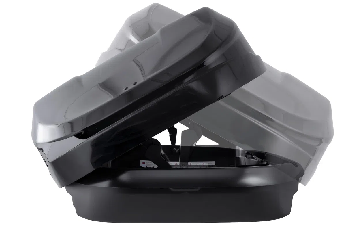 Coffre de Toit Monsun L 550L Noir Métallisé, Box de Toit Aérodynamique 75 kg avec Fixation Rapid Fit et Ouverture Double Face pour Skis et Bagages
