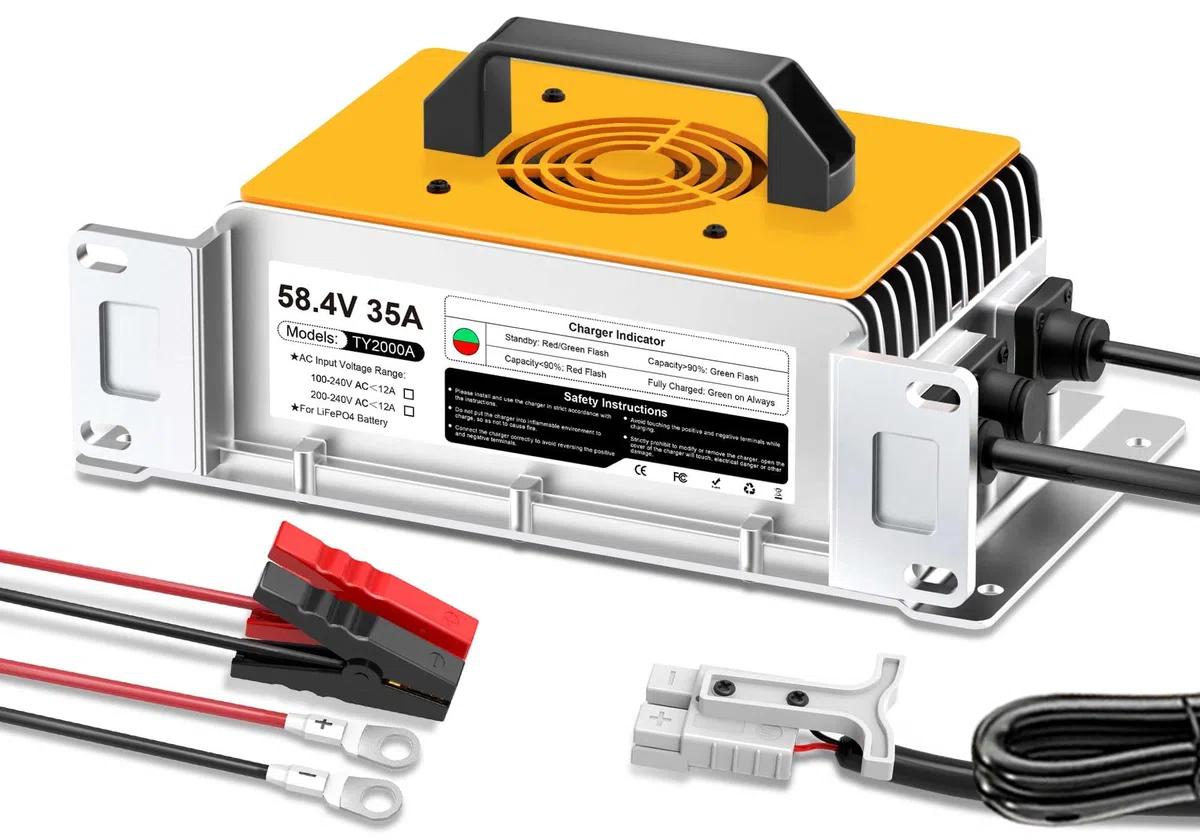 Chargeur de batterie au lithium LiFePO4 - 58,4 V - 35 A - Pour 48 V (51,2 V) - Phosphate de fer - Chargeur pour batterie lithium-ion - Étanche IP67 - Pour camping-car, bateau, solaire, chariot de golf