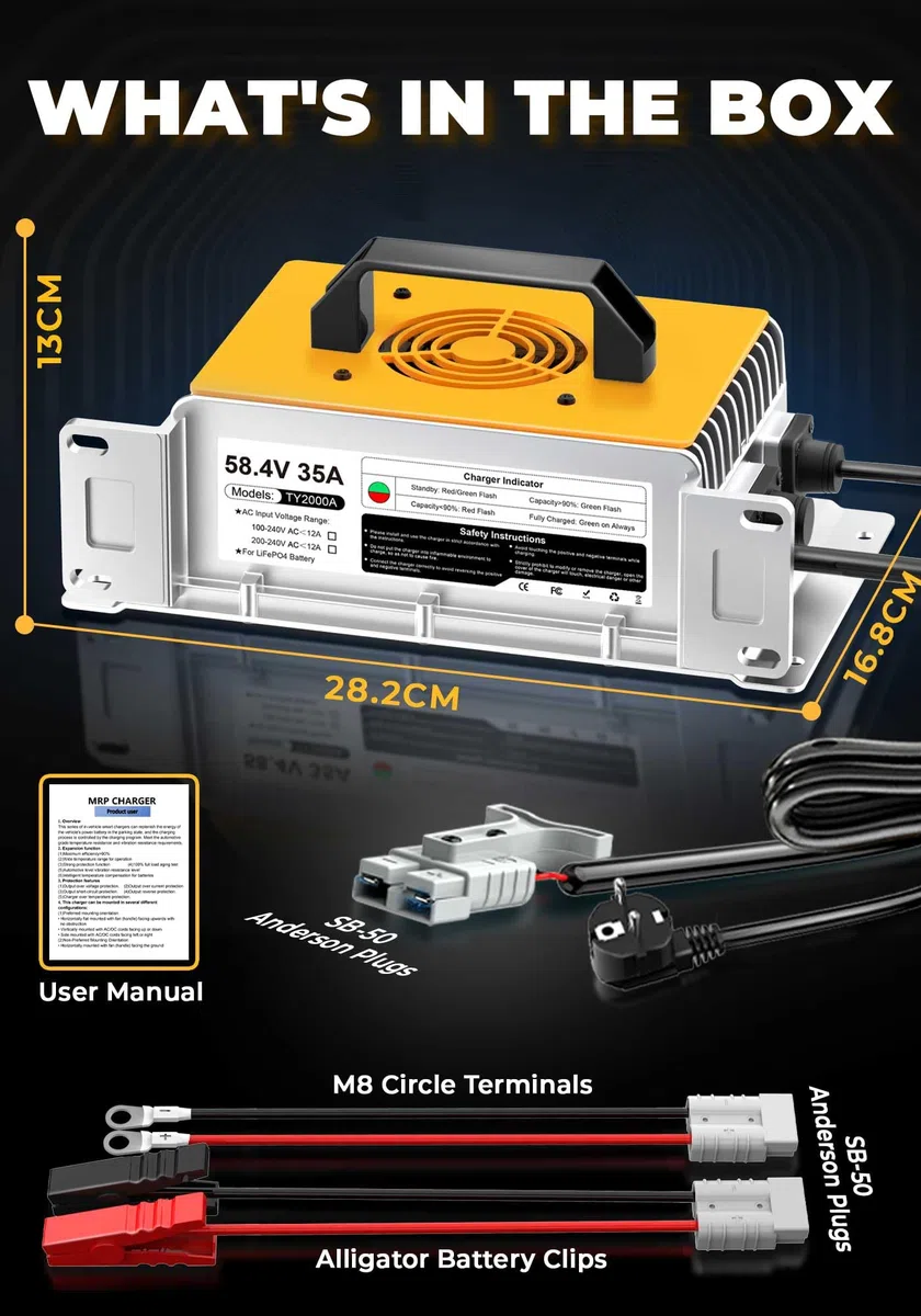 Chargeur de batterie au lithium LiFePO4 - 58,4 V - 35 A - Pour 48 V (51,2 V) - Phosphate de fer - Chargeur pour batterie lithium-ion - Étanche IP67 - Pour camping-car, bateau, solaire, chariot de golf