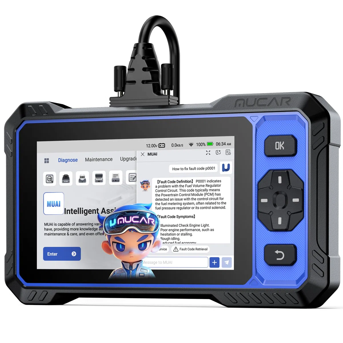 Scanner bidirectionnel MUCAR 632 assisté IA OBD2, 15 réinitialisations ABS/SRS/INJEC/Huile/SAS/TPMS, Diagnostic 4 systèmes, Tests Actifs, AutoAuth, Can FD, AutoVIN, mises à Jour gratuites à Vie