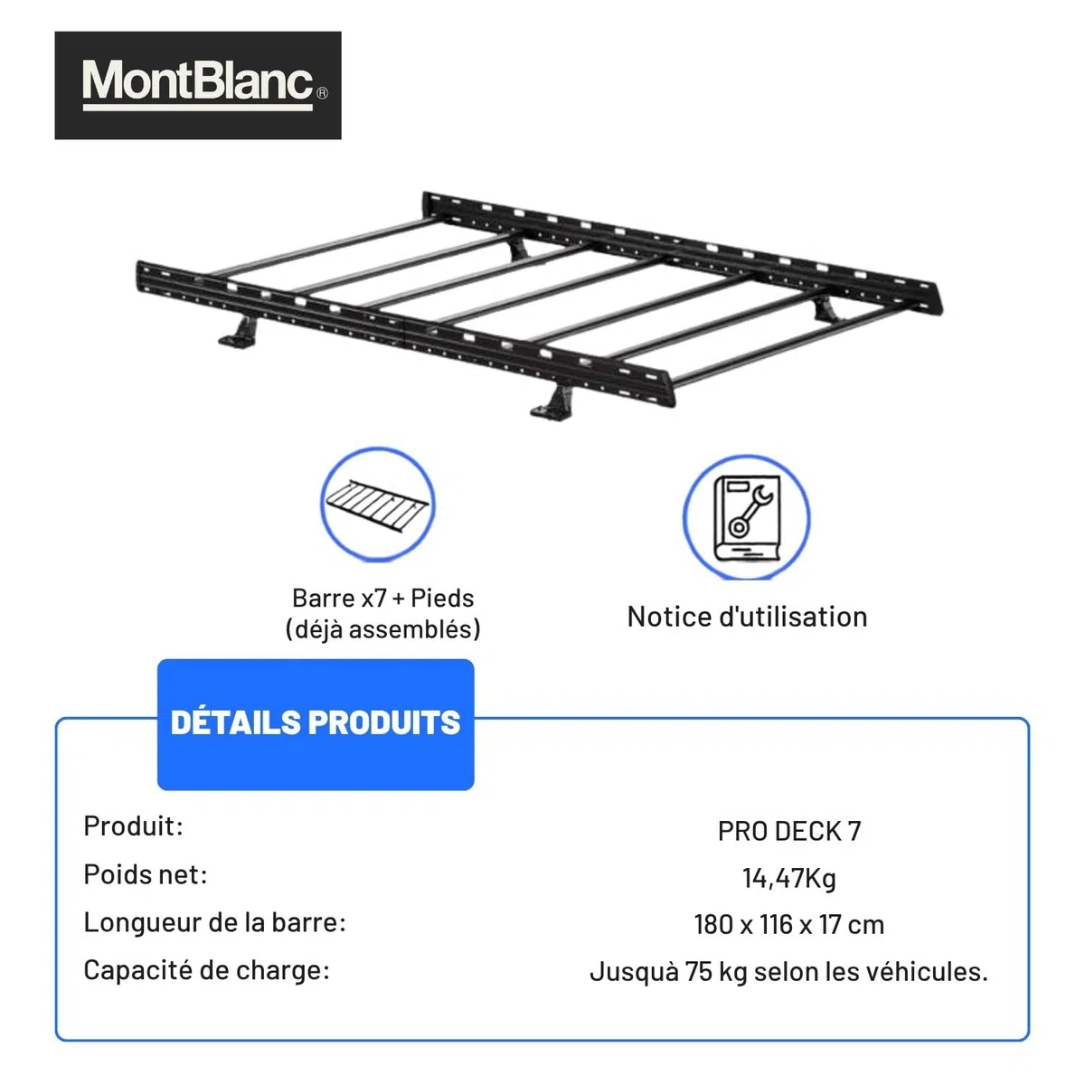 Mont Blanc Galerie de Toit Professionnelle - 7 Barres en Acier