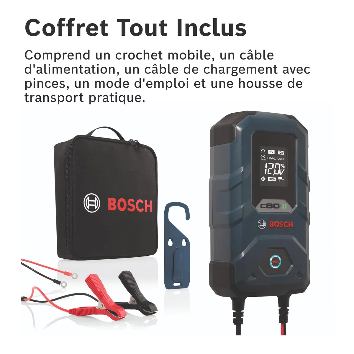 Chargeur de batterie Bosch C80-Li - 15 ampères avec fonction de charge lente - Pour batteries au plomb-acide 6 V/12 V, AGM, EFB, GEL, SLI et 12 V au lithium (LiFePO4), livré avec une prise de style