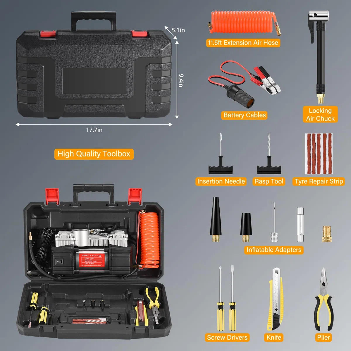 GSPSCN Compresseur d'Air Portatif Heavy Duty Gonfleur Pneus Voiture numérique à double cylindre 12V portable Gonflage Digital Pompe à pneu avec kit de réparation de pneu pour auto, SUV, tout-terrain