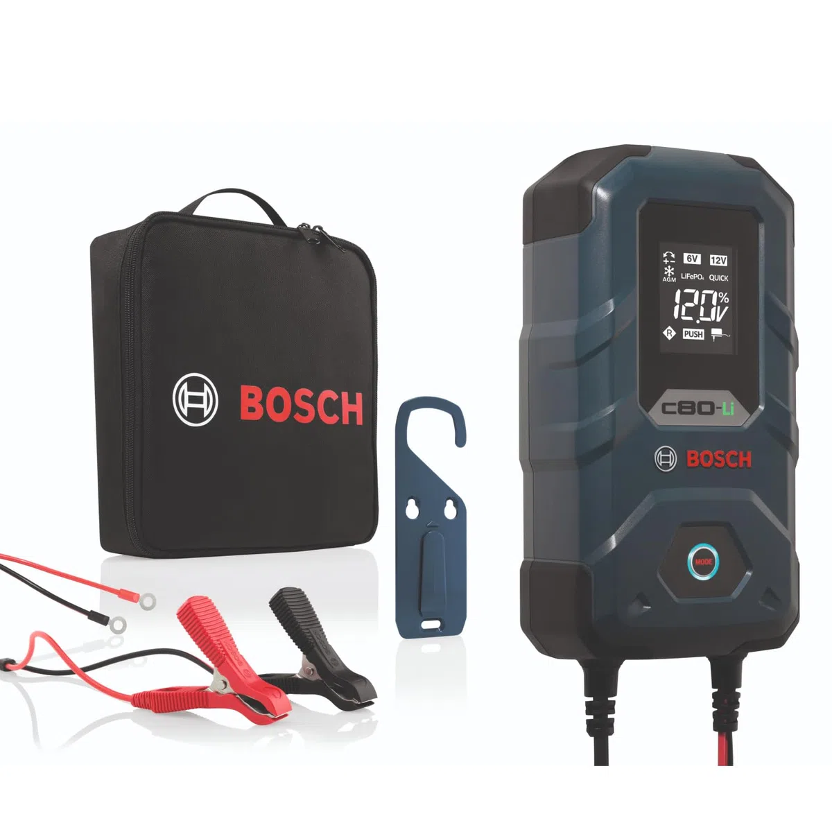 Chargeur de batterie Bosch C80-Li - 15 ampères avec fonction de charge lente - Pour batteries au plomb-acide 6 V/12 V, AGM, EFB, GEL, SLI et 12 V au lithium (LiFePO4), livré avec une prise de style