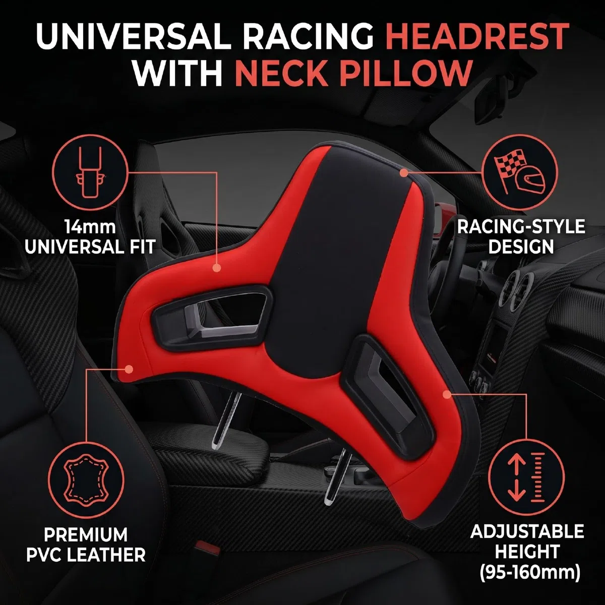Elprico Appui-tête de Siège de Course de Voiture, Coussin de Cou Universel en Cuir PVC avec Connecteur de 14 Mm, Remplacement d'Appui-tête de Sport à Hauteur Réglable pour Véhicule