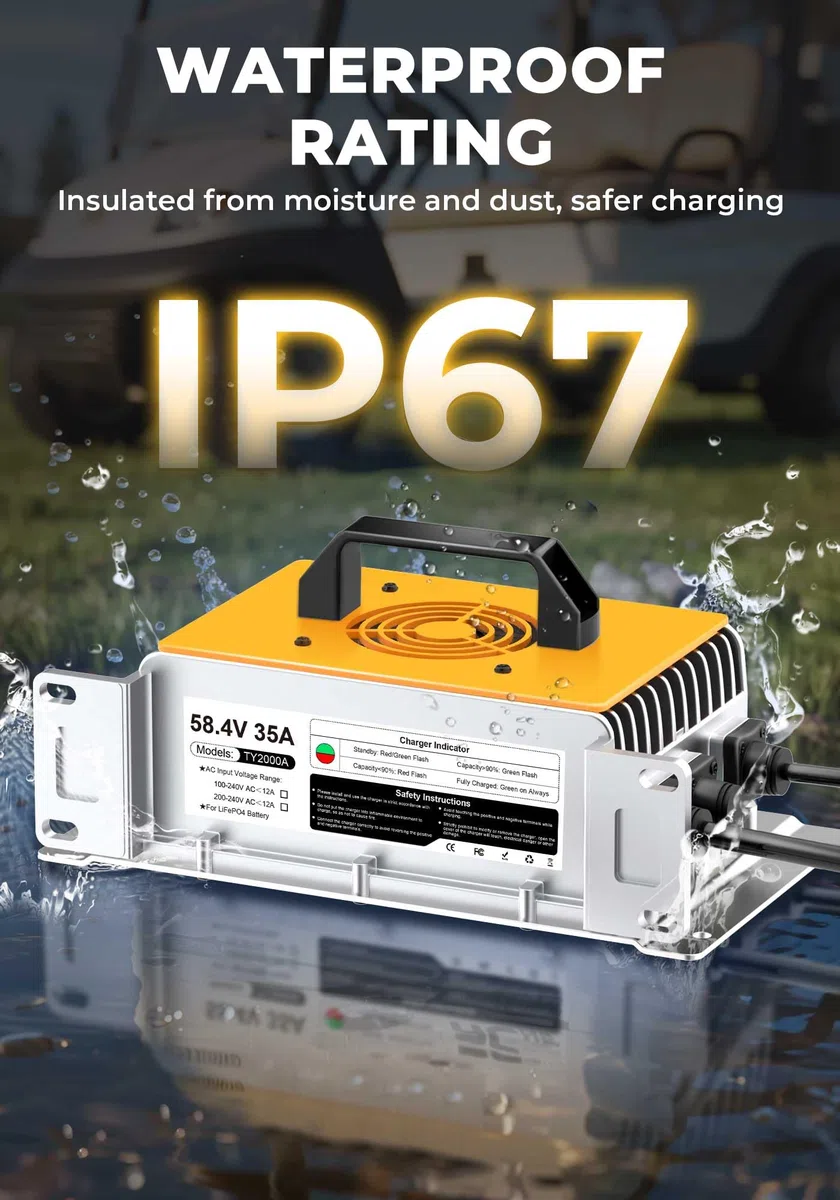 Chargeur de batterie au lithium LiFePO4 - 58,4 V - 35 A - Pour 48 V (51,2 V) - Phosphate de fer - Chargeur pour batterie lithium-ion - Étanche IP67 - Pour camping-car, bateau, solaire, chariot de golf